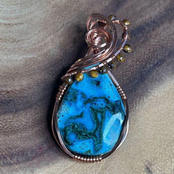 Artisan handmade Chrysocolla Malachite pendant wire wrap necklace malacholla tig - Picture 5 of 6